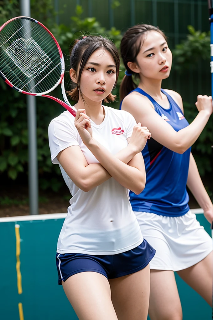 Two badminton player's standing next to each other... One men and one women