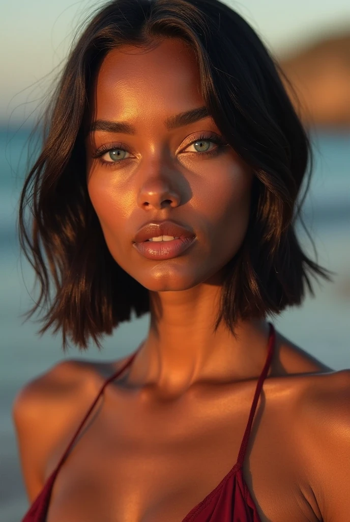 (sharp focus:1.2), photo, adaora-3800 (beautiful face:1.1), detailed eyes, luscious lips, (cat eye makeup:0.85), wearing (bikini:1.2) on a (beach:1.2). (moody lighting:1.2), depth of field, bokeh, 4K, HDR. by (James C. Christensen:1.2|Jeremy Lipking:1.1).