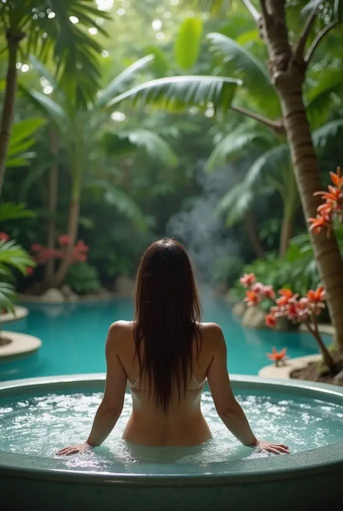 there is a brunette woman laying floating stretched in a hot tub hanging over the edge with her arms, her ass is floating just above the water accentuating her perfect shaped booty, view from behind, in the jungle, gorgeous view, backview, view from the back, great view, sexy hot body, pawg, in a luxurious pool, big booty