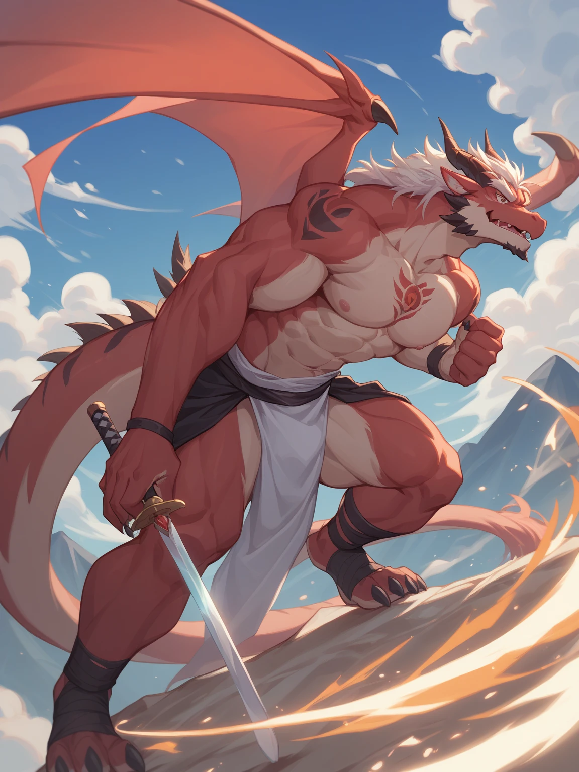 Huge muscles,((Huge erect penis)),Ashton,Robe,Red Dragon and Red Dragon,Two Dragons,紫のRobeに青いマント,Black Bandana,Her hair is chestnut brown and medium-long and straight.,Wield a small sword,Massive ,A crying face enduring pain,宝石の装飾がついたRobe留め,Bodysuits
