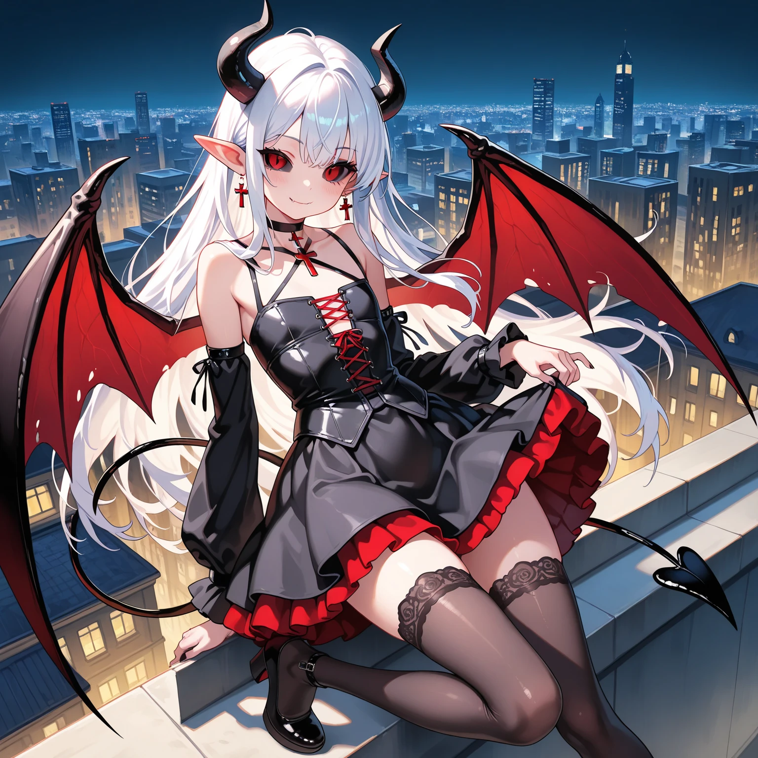 Young girl, small, flat, flatchest, flatchested, l0li, demon girl, black feathered wings, glowing red eyes, horns, tail, black sunsress, no panties, upskirt, wind blowing upskirt, no underwear on