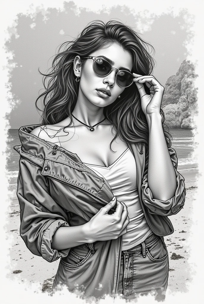(illustration:1.3),Line drawings, Black contour line,1 beautiful woman in jeans, Lunette de soleil,sunhat, Best quality, Detailed details, Masterpiece, offcial art, Cinematic lighting effects, 4K,