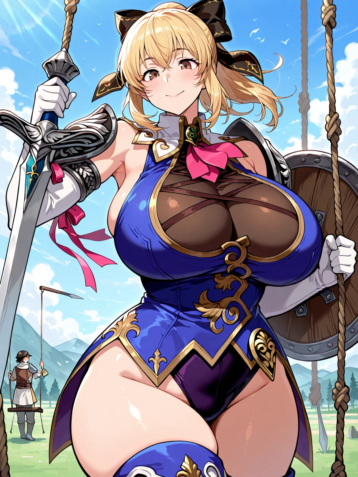 ((Mucha's style)),(vulgar),Big-breasted Pussy Woman Warrior, full view,Sexy poses,vulgar smile,gold haired,muscular woman,(heavy Gold armour))