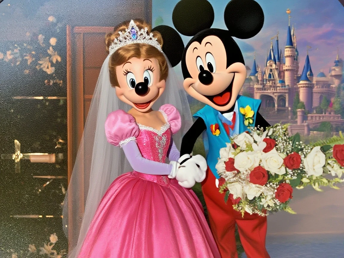 On the wedding day, the couple and Mickey Mouse Donald Duck 4 people held hands in front of Disney Castle to take photos together, photos taken with Canon R5, jumping for fun, vacation photos, HD movie feeling, realism --auto --s2
