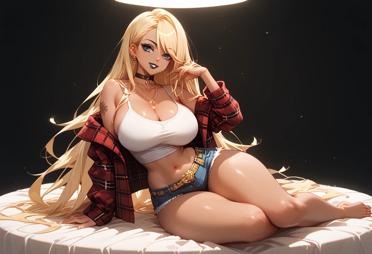 One blonde beauty, a charming face, tall, long hair, ultra-high quality, masterpiece, black police hat, white tank top, see-through breasts, belly button exposed, sexy pose, sexy body, ripped denim shorts, crotch emphasis, legs spread, bedroom, alone in the room 2book arm five fingers