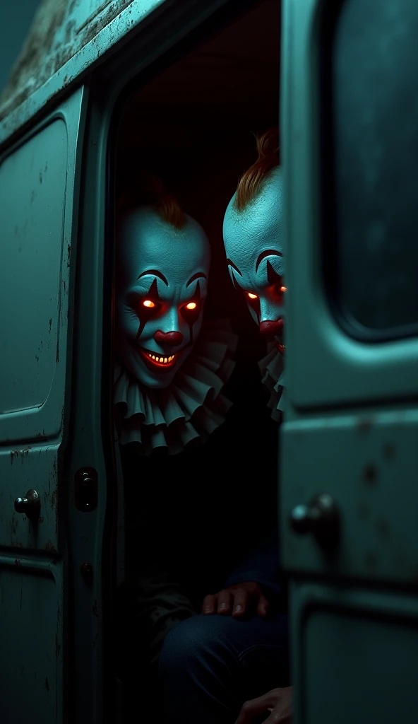 a bunch of creepy clowns inside a 1963 impala, cinematic, hyperreal, Ultrarealistic, Ultra detailed, dark lighting