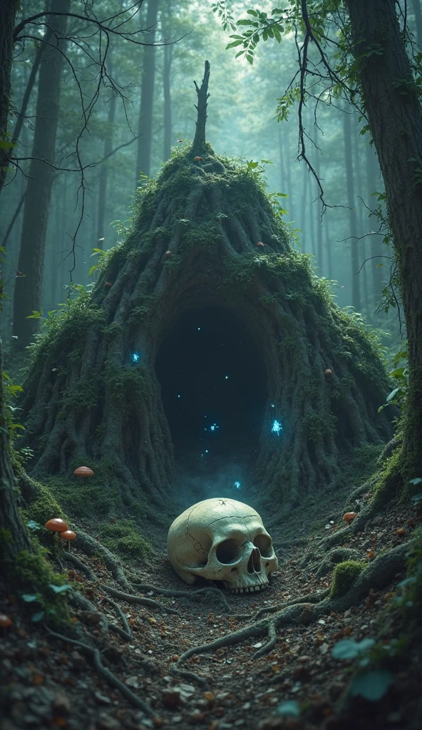 Photo of a portal in shape of a giant moss covered skull in the dark forrest, rusted airplane, warner brothers film style, mystic, psychodelic atmosphere, 35mm