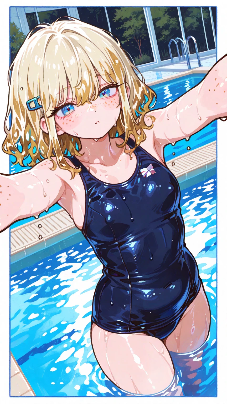 (((masterpiece))), ((highest quality)), ((Very detailed)), ((High resolution)), ((8k)), ((Anatomically correct)), ((The correct number of fingers)), One Woman, Kagamine Rin, Vocaloid, Blonde Hair, short hair, Short, Very cute woman, delicate, Charming smile, Blue eyes, Bright Eyes, Best moment, Vivid eyes, Beautiful Skin, Cute face, delicateな腕, Detailed skin texture, Intricate details, Very detailedな顔, Beautiful Eyes, Beautiful curves, View your viewers, Beautiful thighs, School Swimsuit, Indoor Pool, Sweat, Looking up, Open your mouth,