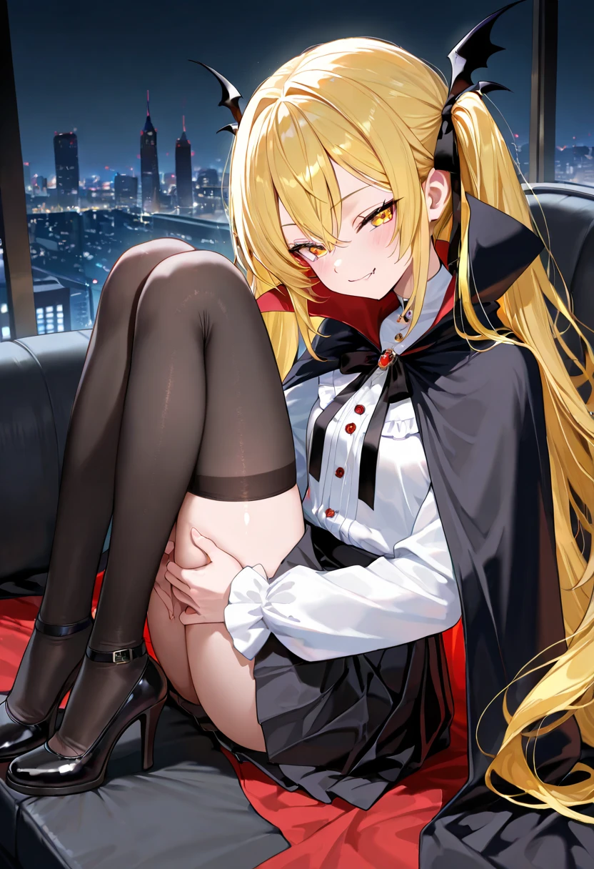 Anime boy with blonde hair and blue eyes, Medieval black dress, castle hall, night, black sky, medieval, old town, perfect face, ultrasharp, 8k, masterpiece, seductive boy, perfect eyes, full body