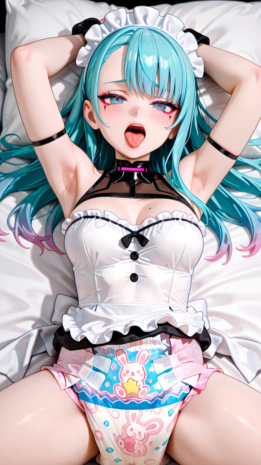 fantasy, 1 , human, big breasts, belly button, ,(masterpiece, highest quality), side lightning, ,beautiful and fine eyes, slave chain, slave collar, lying in bed, slave clothes, My eyes turn, tongue is sticking out, with your tongue, crazy, open your mouth, shout, Ahegao, heavy breathing, blush, Sweat, slave clothes, colorful hair, long hair
