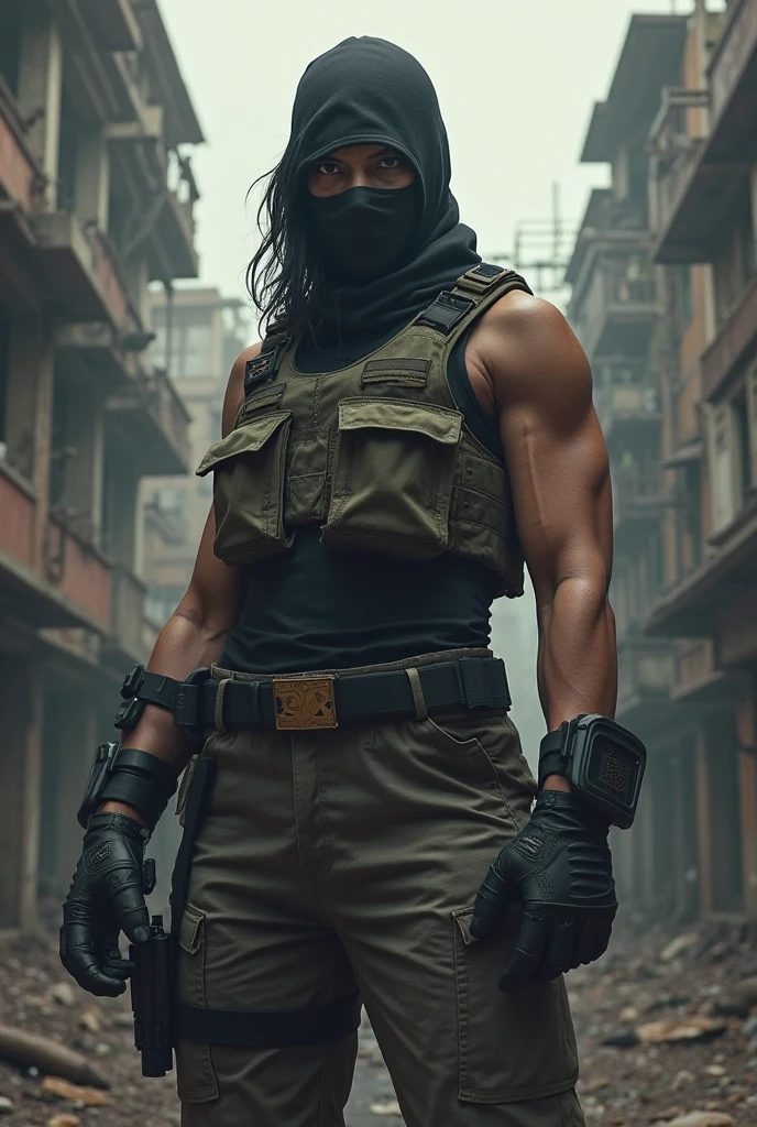 Create an image of a muscular character standing in a grassy field at night. The character is wearing an open jacket, revealing their defined abs. The jacket has red cuffs, and the character is wearing dark pants. Their face is partially covered with a skull mask, giving them a mysterious and threatening appearance. The lighting is dim, adding to the dark and enigmatic atmosphere, fighting pose. Un hombre muy musculoso, fisicoculturismo, and strong constitution. He has a well-defined jaw and a serious expression, doesn't look at the camera. Su piel es clara, y tiene barba corta. karateka, pants, chaqueta gruesa abierta mostrando su torso bien definido, hermoso rostro,lleno de luz,Una mirada decidida, corte militar, ruso, apocalyptic city background, luchando contra zombies, punches against zombies, torso peludo, cara mirando a otro lado, no background vacío, dinamic pose