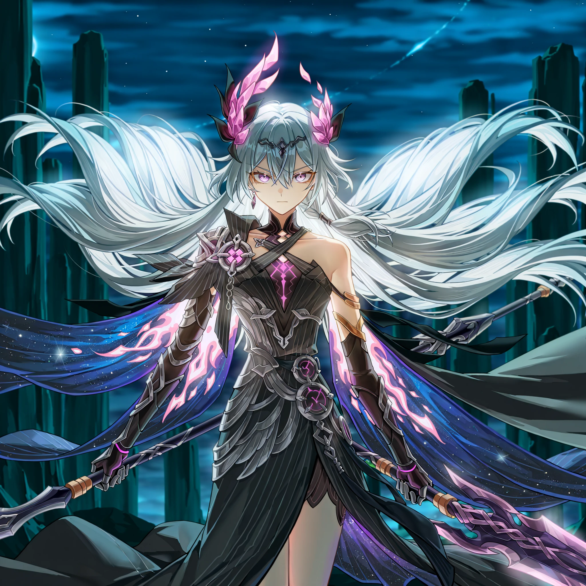 close up shot, dynamic pose, three quarter shot, looking at viewer, mature, 1girl, solo, masterpiece, best quality, amazing quality, very aesthetic, high resolution, ultra-detailed, dramatic lighting, CG art, absurdres, scenery, (Senti, Herrscher of Sentience, FuHua, Fol005, Fh_Hos:1.23), flat chest, white hair, white eyes, carapace, shoulder cape, black dress, synthetic armour, nanoweave, (greco roman dress, greek dress:1.4), wielding lance, long spear, glaive, warrioress, priestess, laurel crown, glowing cape, Vergillius from Limbus company, LionLimbus, cosmic weapon, asymmetrical clothes, SSR Gacha character, villainous, ornate clothes, flame sword summons, cosmic sword, cosmic lance,