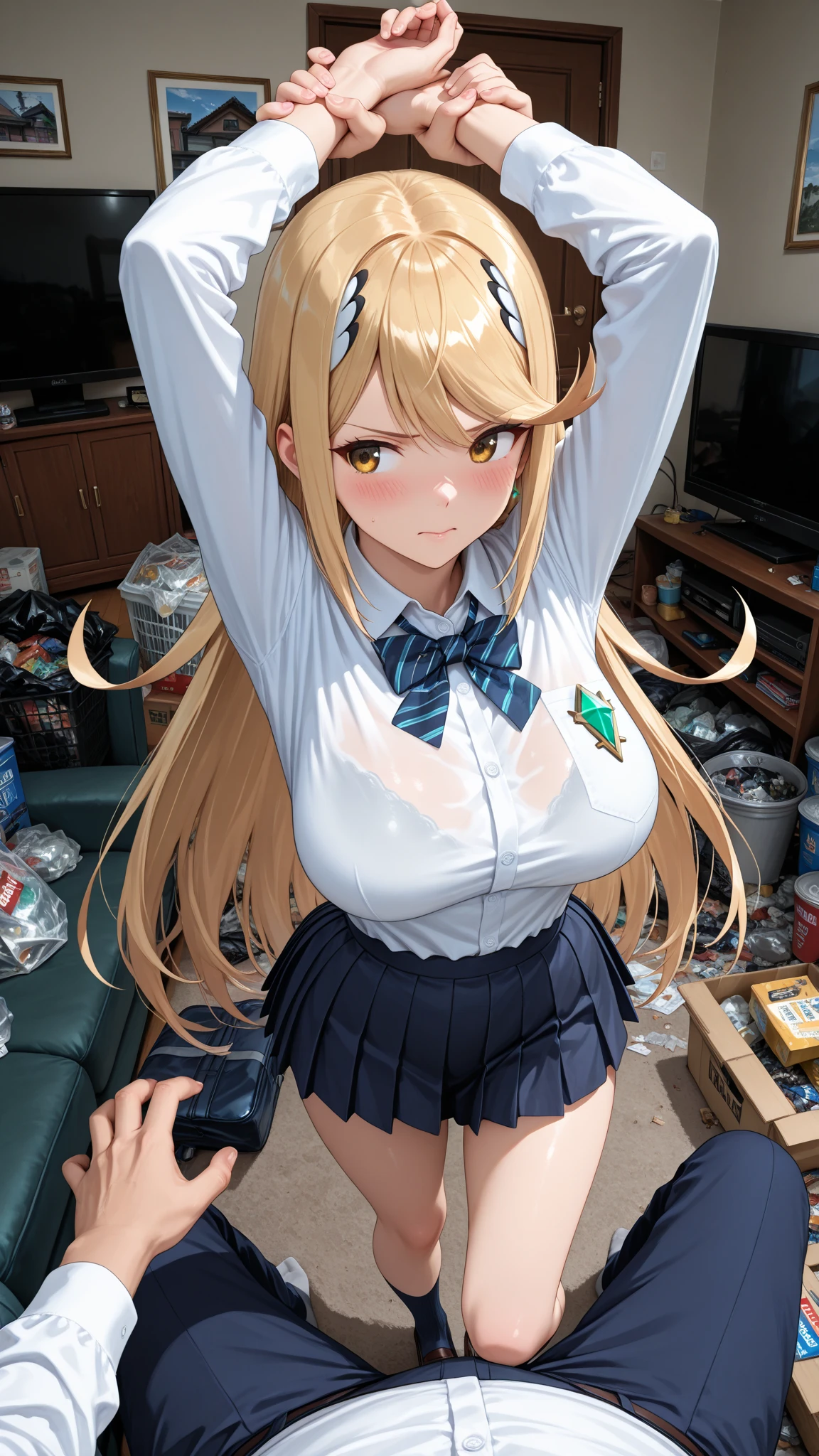 [1girl, shokuhou misaki, toaru majutsu no index], (goblin slayer!), (throw_hand, pink vibrator remote switch in throw_hand, throw:1.2), Highest quality, Super detailed, masterpiece, Ultra-high resolution, 8K, Ridiculous, Cowboy Shooting, Blurred, Focus on the girl, Embarrassing, blush, Lovely, Open your mouth, What saliva leaves behind, Wet skirt hem, (Sticky panties:1.1), Bulging of the vibrator cord, Vibrator with Garters, (cleavage), Classroom Background, The skirt is accidentally exposed,(large breasts), (crop top navel), (waist line), Accidentally exposed panties