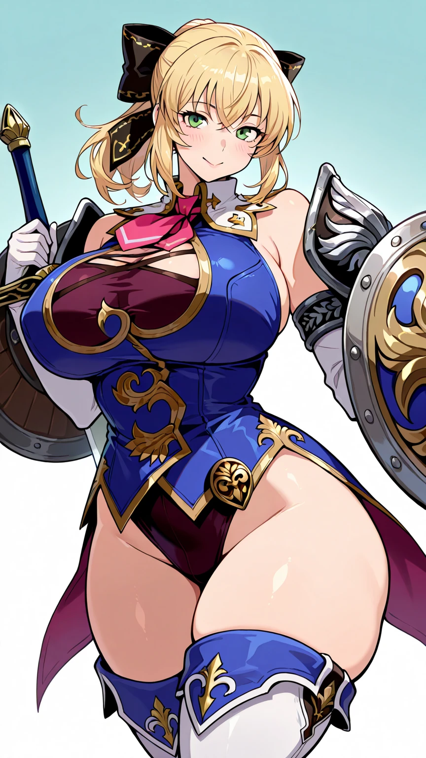 "(masterpiece), best quality, NSFW,  
1girl, (80s anime style:1.5), (eyelashes:1.5),
(intricate high detailed body:1.2), 
blonde hair, 
(forehead:1.2), (single braid:1.1), 
blue eyes, 
(pale skin:1.2), (slim body:1.2), 
(huge breasts:1.2), 
(thick eyebrows:1.1), 
grin, 
(frilled leotard, navel cutout:1.2), 
(knight armor, armored boots:1.2), 
(pantyhose:1.1), jewelry, necklace, hair ornament, 
(dynamic pose1.1), 
(full body1.1), 
(simple white background:1.3)"