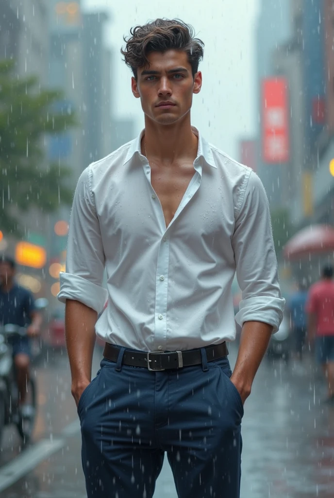 handsome man,loose clothing;, road