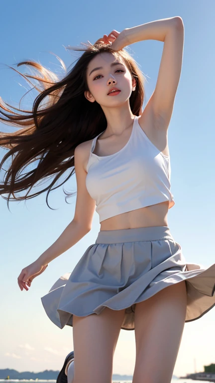((Extremely precise and precise anatomy)), (((low angle photography、looking into the camera:1.22,lean forward、เturn offเสื้อ、no underwear)))、(((8K、Highest quality、Masterpiece、Ultra high resolution)))、(realistic:1.4)、raw photos、(Real skin texture:1.3)、(Film texture:1.3)、((standing、Skirt flutters in the strong wind.、Under the skirt、Don&#39;t bend your legs.、wear&#39;Don&#39;t bend your knees.、Spread your thighs.、By the beach、))、one woman、Beautiful and detailed eyes and face、Masterpiece、Highest quality、turn off、thin、Japanese Uniform、dynamic、Barefoot、Various positions、