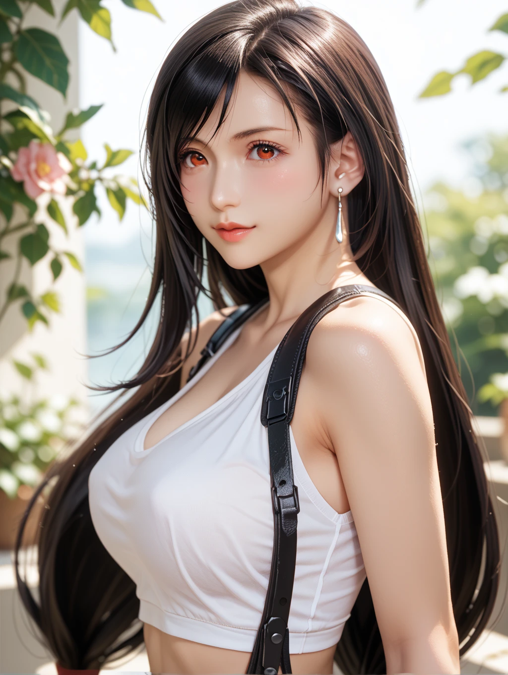 masterpiece, best quality, extremely detailed, hyperrealistic:1.1, photorealistic, a beautiful 20s russian model, ultra detailed face:1.1, red jacket, black slit fabric, Long Straight hair, black hair, sunshine, grass field, sly smile:1.1, dynamic posing, dynamic angle