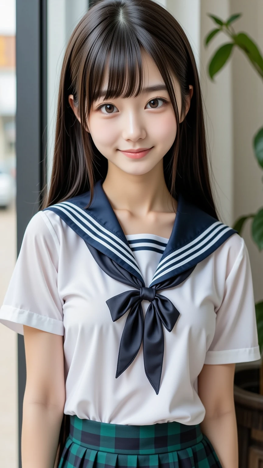 (masterpiece, highest quality:1.2), 8k, official art, RAW photo, incredibly absurd, ( sailor suit, serafuku:1.4), amazing beautiful girl, amazingly cute face, (navy pleated skirt:1.1), close, school uniform, short sleeve, gardenia, violaces, teen, street, looking at the viewer with a smile, no makeup, film grain, chromatic aberration, sharp focus, face light, dynamic lighting, cinematic lighting, detailed eyes and face,short hair、(((white skin without moles)))、 background bokeh、super slim thighs、((Erotic Panties are showing through、beautiful pussy line))、(High twin tails with ribbons:1.4),,((((A very young looking girl:1.3))))、(very young with big breasts:1.2)