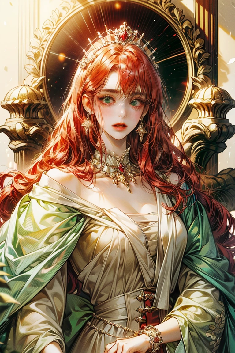 Noble woman, Caucasian skin, long face, greeneyes, red color hair