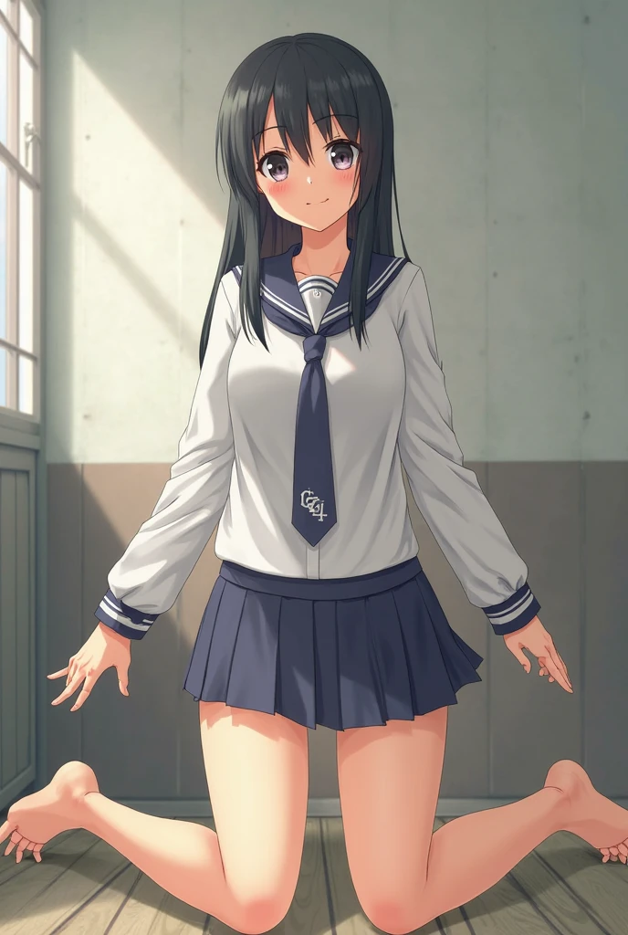 High Quality, High-resolution masterpieces.、Anna Tanaka , long-haired, Sit with your knees bent、Beauty legs 、in a school、As if looking up from below..、You can see the nipples..、Can see pussy