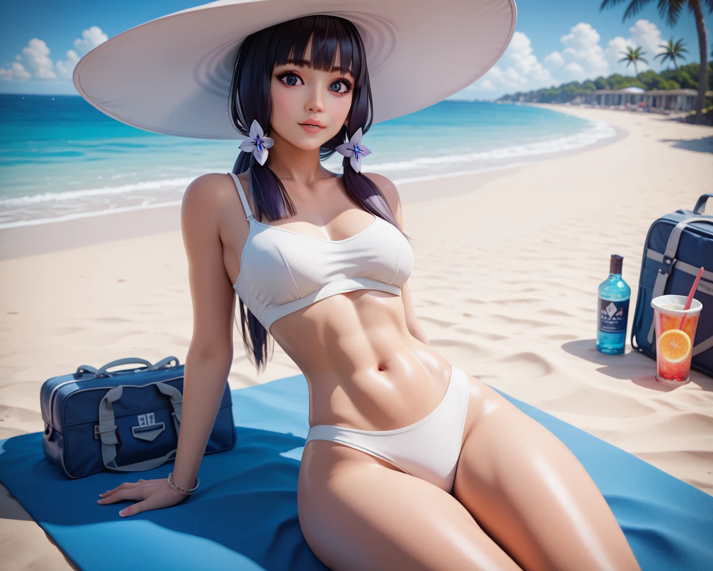 8K,A masterpice,of the best quality, 1girls, 独奏, 20 age old,Cute smile,Sheer,White Micro Bikini,Hide the arms behind your back, looking the viewer,Head tilt,Long hair in milk tea beige, Brown eyes,Standing pose above the knee,Mansuji muscle,Sunny seaside and sandy beach
