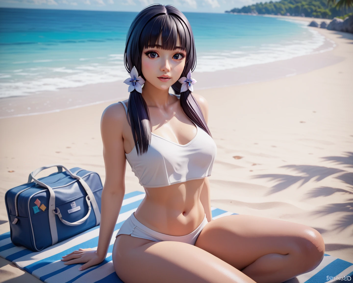 Obra-prima, alta resolução, alta qualidade, rosto detalhado, Detailed view of the body, dedos detalhados, beautiful hands, 1girl, solo, Hyūga Hinata, seios grandes, seios grande, Athletic body, micro bikini,  Dark lips, mamilo, standingn, blush, (no quarto)