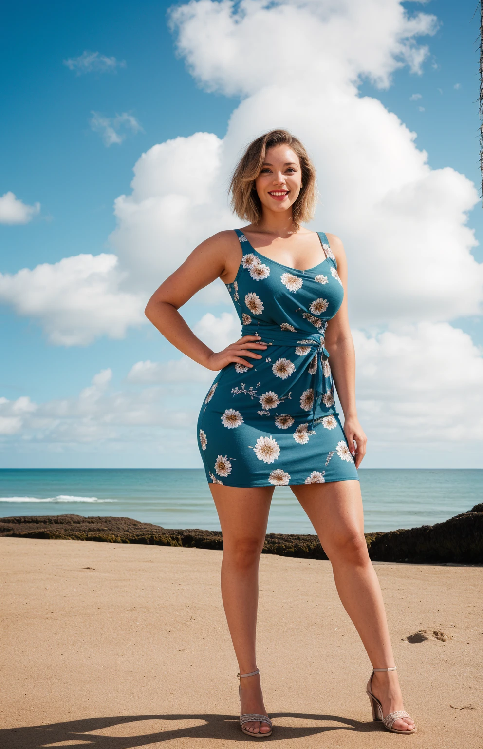 Autumn Nelson, masterpiece, best quality, 1girl, waist up, brown eyes, smile, lips, short blonde hair, closed mouth, wide hips, wearing a floral pattern dress, full length dress, background: beach with cliffs and blue sky, clouds , solo, tall, 190 cm in height, huge breasts, tall, tall, long legs, height, liftong skirt