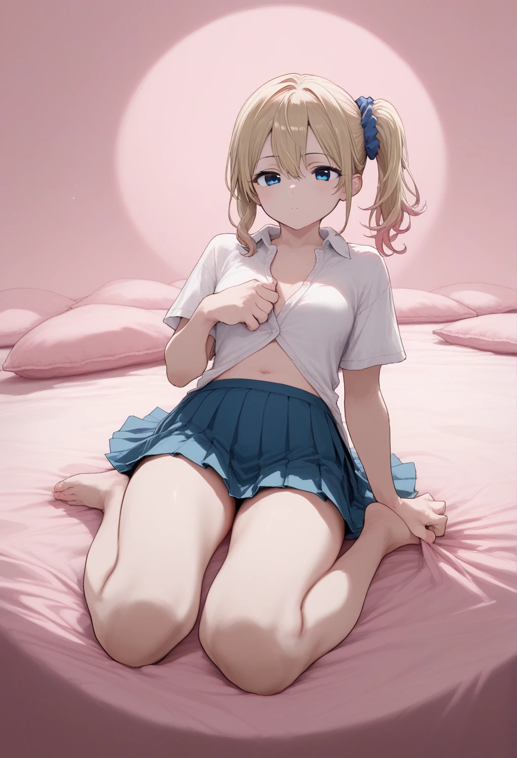 Browsing Caution,blonde,(Pink Cardigan),Twin tails,Sweat,((Very small boobs)),Flat chest,loli,lying,bed,bottomless, ((half closed eyes)),happy,((blush)),(open mouse),school girl uniform,((spread pussy)),((spread legs)),((steam around pussy)),(supright straddle),hug, vaginal,((sex))
