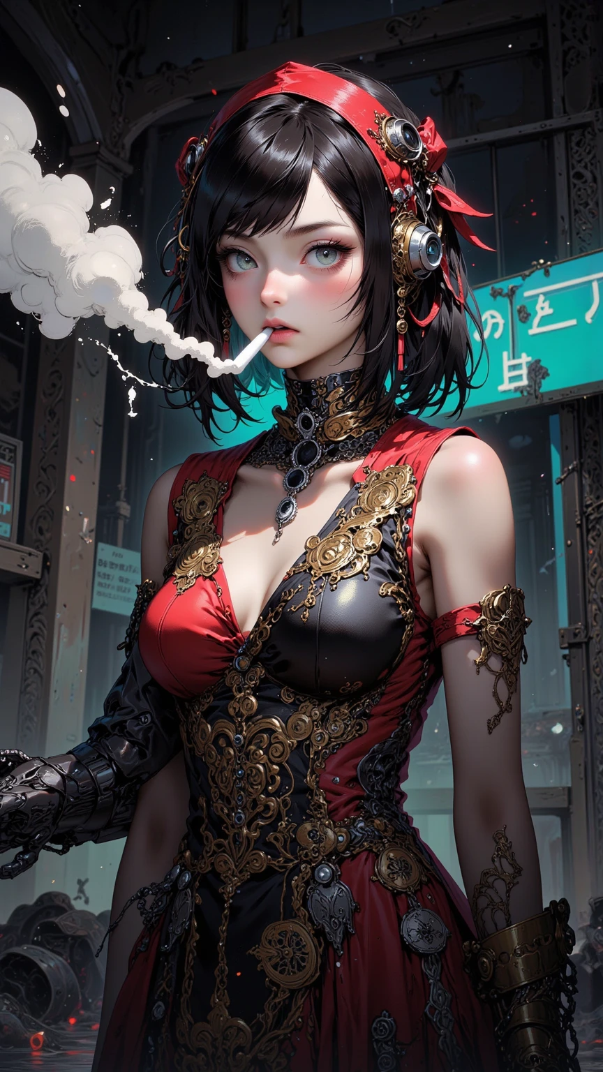 In the dim light, Cyberpunk Smoke Club, A femme fatale cyborg sits alone, Her mechanical joints gleam in the faint light. Her striking features, Framed by a short bob and bangs, Adorned with black jewelry and chokers. She pets a snake that stares directly at the viewer. She wears a see-through kimono that reveals, Paired with Japanese-style earrings, And holds a katana that is surrounded by darkness, Cruel atmosphere. Her eyes burn, Conveying an atmosphere of complex sensuality, As if inviting the viewer into her world. The scene is shot in a style inspired by Conrad Roset, Focusing on the darkness, Muted tones and industrial textures.,Core_9,scary, (Masterpiece:1.2),CT-Virtual,DCS_Laura