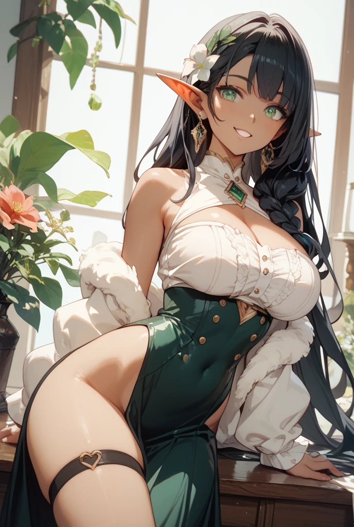 (best quality,8k,highres,masterpiece:1.2),ultra-detailed, solo, edgQuality, hourglass shaped girl, long hair, brown and green hair, (glowing eyes), (red eyes), white lingerie, legwear, arm sleeves, (wearing edgcatlingerie), cleavage cutout, (sitting, wariza), bedroom scene, seductive gaze, seductive smile, (soft lights, night scene),