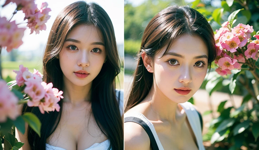 full_body,1girl, facial mix of phoebe cates, large breast, deep cleavage, no bra, (8k, RAW photo, best quality, masterpiece:1.2),(realistic, photo-realistic:1.37),illustration,an extremely delicate and beautiful,perfect female body,extremely detailed,photography,8k,Amazing,finely detailed,beautiful detailed eyes,best quality,ultra high res,((extremely detailed face)),(photo-realistic:1.37),(Floral_summer_dress:1.5),