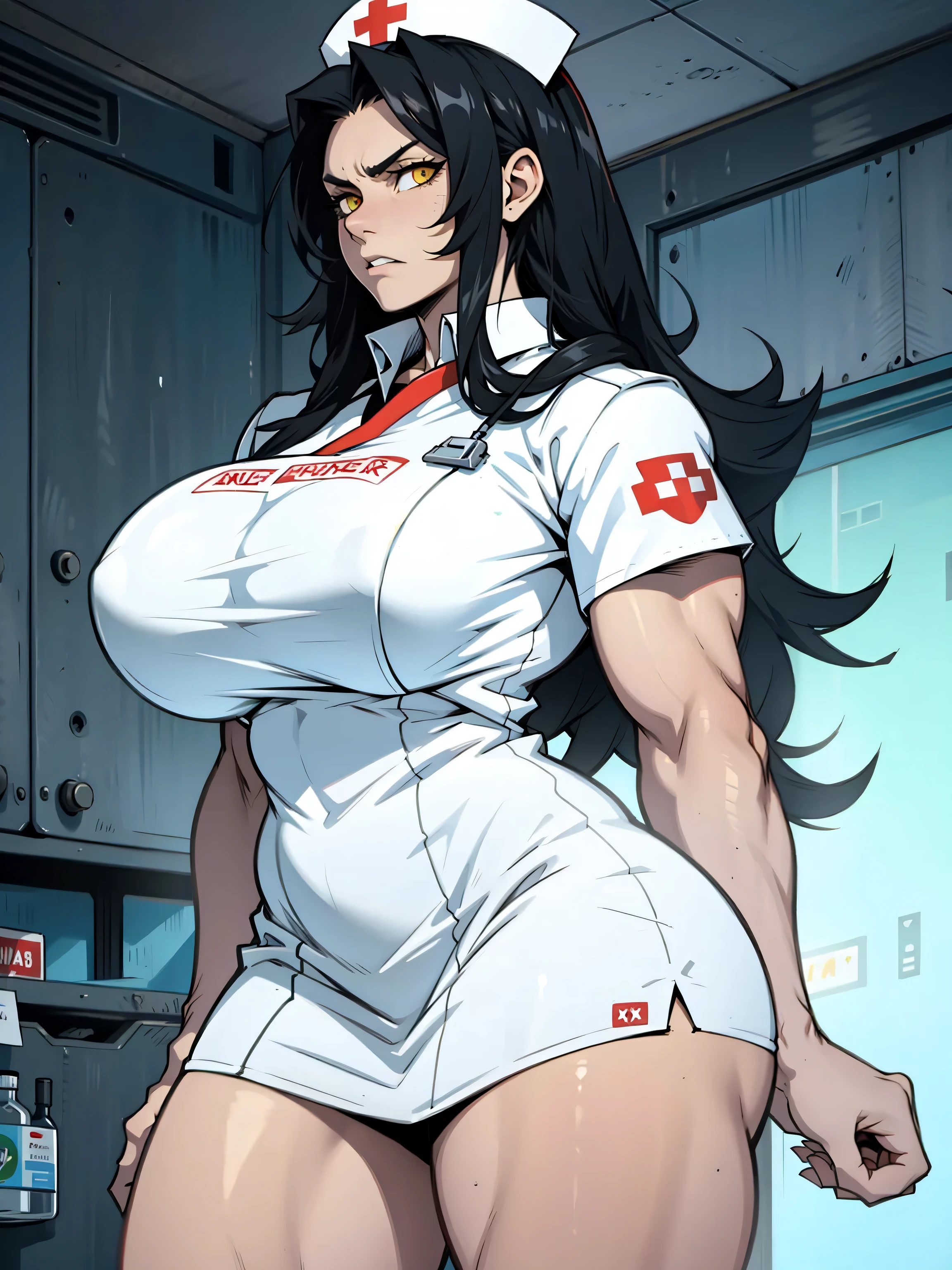 1girl solo black hair yellow eyes very long hair pale skin muscular muscular muscular muscular toned body huge muscles thick thighs girl angry blushing thick thick thick nurse
