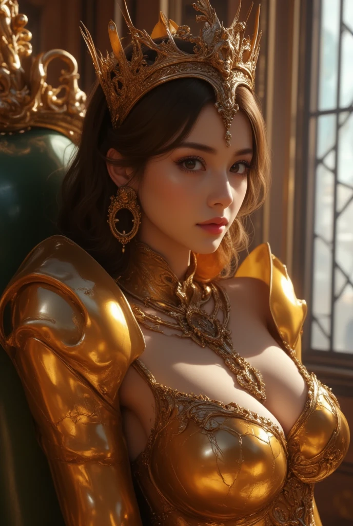 girl wearing chainmail, BREAK, 1girl, (super details intricate chainmail arm sleeve:1.2), short hair, bangs, big flower headpiece, modern manufacture machine, detailed face, intricate crown design with beauiful gemstone, fur-trimmed mantle, royal statement necklace jewelry set, glowing pendant, super details intricate pattern gold plate dress, cleavage, Vogue style photo shoot, (realistic:1.3), 8k, 
