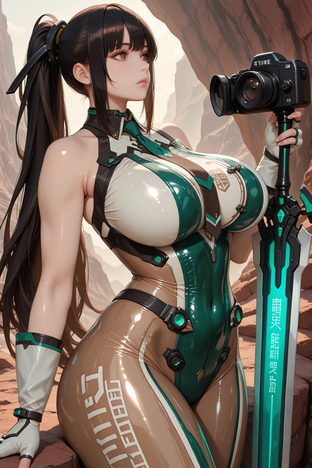 Eve, Stellar Blade, large breast, curvy, thicc thighs, 1girl,solo,heavy makeup,cute,earrings,ring braid,(lewd smile:1.1),ponytail,idol,hooker, white bikini,(beach:1.1), back View, big buttocks, looking at the camera, bent down, on knees