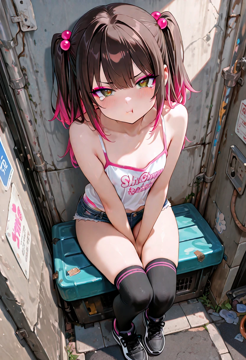 ((medium breast, tomboy girl, small head)), daylight, sunlight, (perfect body: 1.1), (young), (short wavy hair: 1.2) , choker, full body shot, crowded street, ((miniskirt)), (extremely detailed CG 8k wallpaper), (an extremely delicate and beautiful), (masterpiece), (best quality:1.0), (ultra highres:1.0), beautiful lighting, stiff nipple, perfect lightning, pulling skirt, realistic shadows, [highres], detailed skin, ultra-detailed, spread thigh, one leg up, squatting on the floor, black thigh high, red high heels, large earring, thighs, (((colorful))), (micro bikini), angle from below, mesh skirt