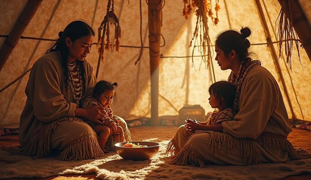 year: 1843. Location: Illinois. Pre-Raphaelite scene with a white baby playing with two native american baby children, inside a teepee, ((((Clothing from the 1840s)))) ((Hairstyle of the 1840s)), ((("OMITB" cinematography)))