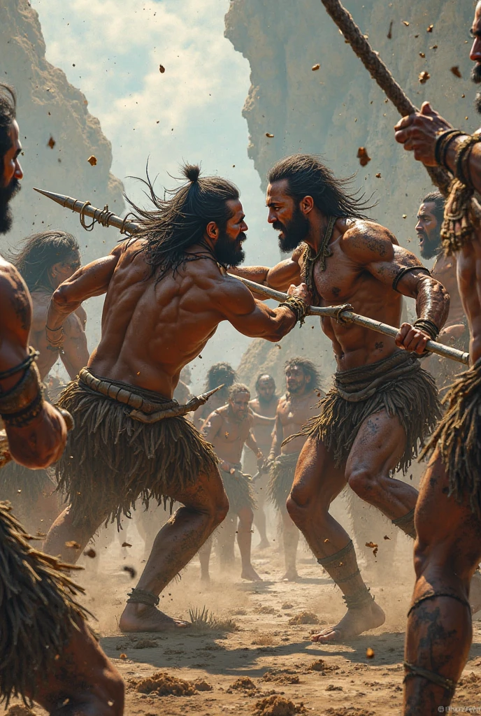 detailed battle scene, prehistoric humans fighting, large group of primitive men battling, vast war landscape, ancient warriors clashing, primitive tribal warriors, rugged terrain battlefield, rough stone weapons, chaos of battle, intense hand-to-hand combat, dusty environment, natural lighting, warm color palette, gritty realism, cinematic composition, dramatic lighting, volumetric fog, (best quality,4k,8k,highres,masterpiece:1.2),ultra-detailed,(realistic,photorealistic,photo-realistic:1.37)