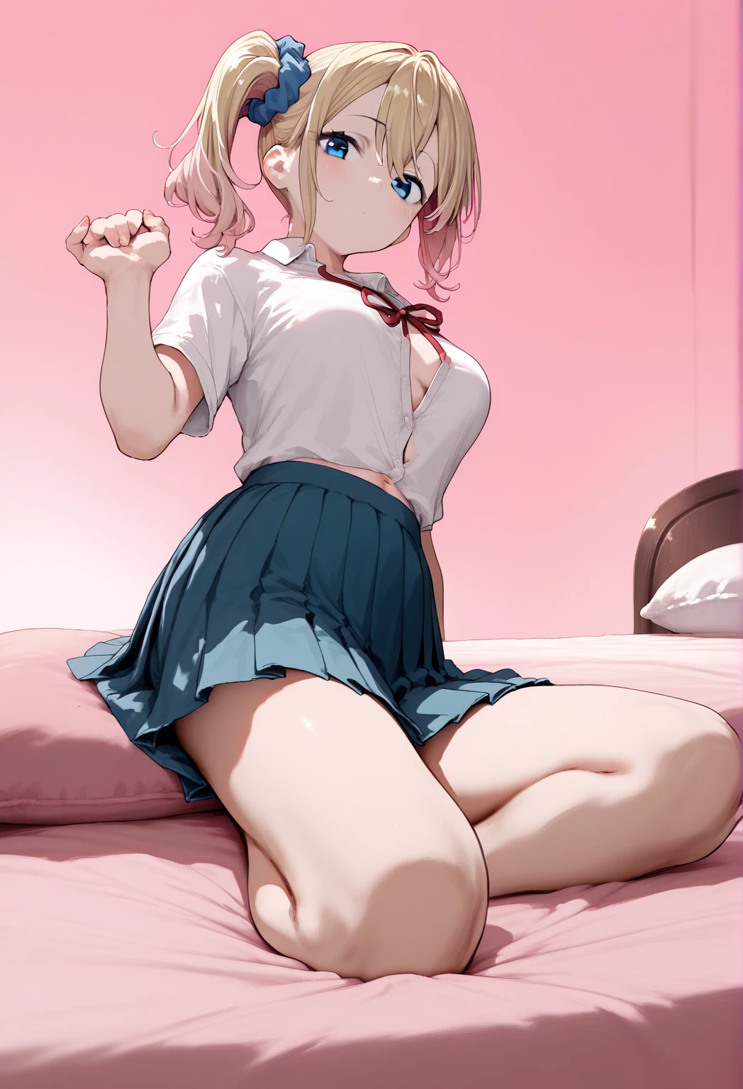 Yukana yame, long ponytail, green eyes, school uniform, white shirt, blue skirt, red neck lace, white thighhighs stockings, no bra, no panties, shirt open stripping down her elbows, skirt so short you can see her buttcheeks, folded rolled down clothes, sitting giving her back showing ass cheeks posing on the bed with a hand on the hem of the skirt pulling it up and a hand between her legs, lewd blush face, lips in cherry pink glossy lipstick, soft bikini marks on skin, wet pussy