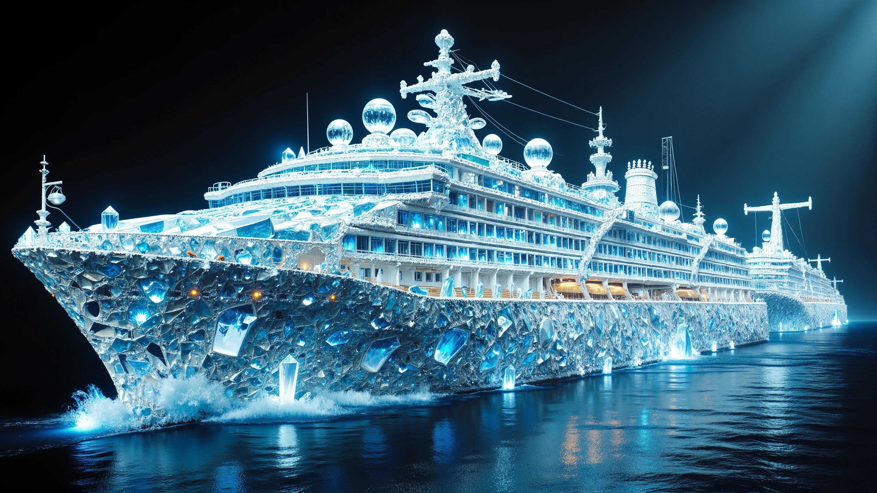A gigantic ocean liner cruise ship made entirelyout of enormous sized quartz crystals found deep in the earth, hollowed out and built unto a cruise ship. Ultra-realistic, photo-realistic, highres, 4D mandelbulb, stunning, visually intoxicating, highest quality, 4k, photorealistic, movie quality imagery, extremely detailed,cinematic lighting,dramatic atmosphere,fantasy landscape,vivid colors,intricate details,sharp focus,professional masterpiece 