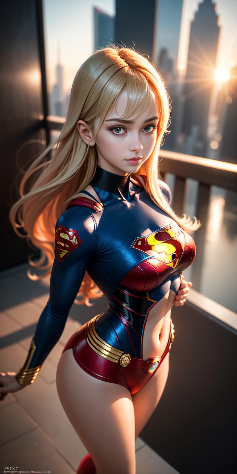4k, realistic, charismatic, very detailed, there is a girl in heaven, wearing super girl costume, she is super girl, super hero theme, blonde hair, 25 years old, full body
