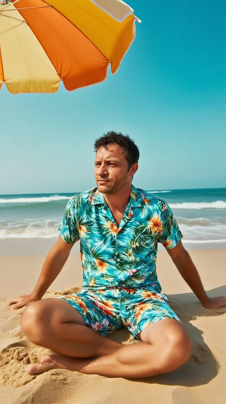 A Brazilian man on the beach without underwear with a hard dick and behind him a sign saying hot