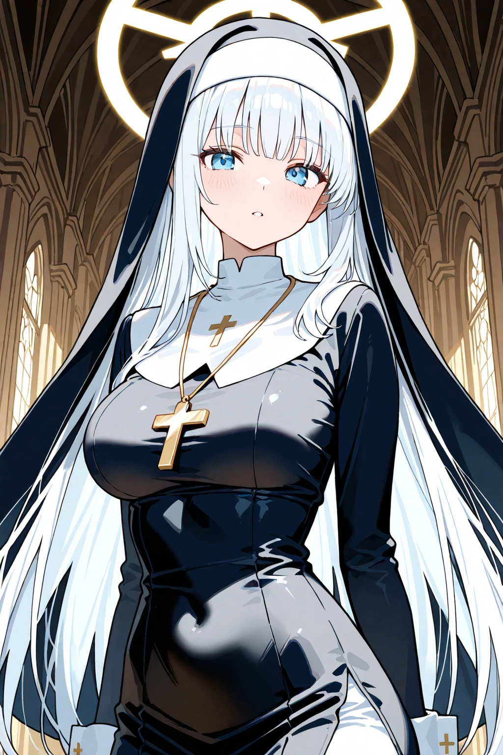 White hair, French baret, nun, exposed breasts, medium sized breast, 19 years old, prays, cross necklace, close portrait, cute anime girl, red eyes, white angel wings, praying