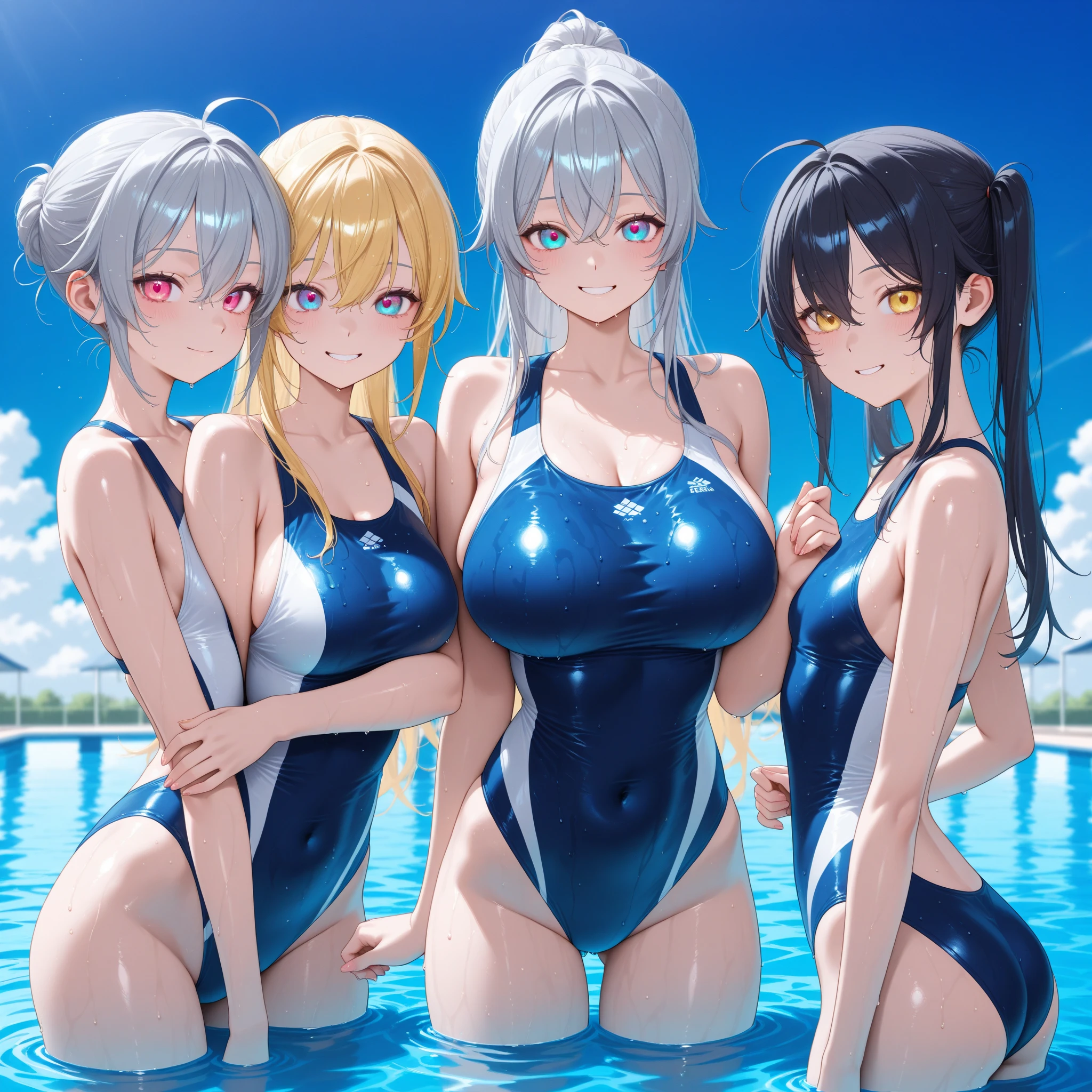 ((masterpiece)), ((high quality)), ((Very detailed)), ((High resolution)) ,((8k)), Beautiful woman, ((She is one of the most famous female gravure idols in the world..)), Unparalleled beauty, ((Big Ass)), Narrow waist, Ultra detailed face, Perfect Skin, (((Blonde Straight Hair))), blue eyes, Detailed eyes, (((anime))), ((glamorous)), 24-years-old, ((Incredibly beautiful woman)), ((F cup bust)), ((((School swimsuit designated by the school)))), ((Beautiful breasts)), Beautiful feet, 6th class large, anime, The most beautiful、Strongest, ((charm)), ((British Beauty)), ((Adult face)), ((Okinawa's ocean, sunny, Swim gracefully in the sea, Wet)), ((Fascinating)), Sensual,