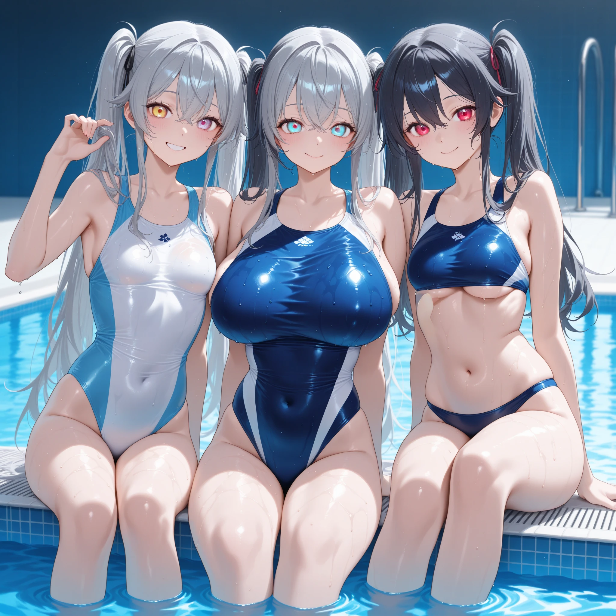 Anime Kawaii sexy Perfect Slim sensual body large breast and huge thighs, An intricate and highly detailed illustration of anime (Young girl).Highest quality、High resolution、Detailed Background、Realistic、(Beautiful face in every detail:1.4)、Anatomically correct、(Normal number of fingers:1.2)、Detailed facial expressions、Detailed eyes、Teenage beauty、Highly detailed face、Huge breasts、Perfect body line、Light color hair、ponytail、Twin tails、White school swimsuit made of see-through material、Wet and transparent、Accentuate your cleavage、My whole body is wet、Blushing、A big smile、Poolside、
(Two beautiful girls having fun at a water park:1.5)、cute