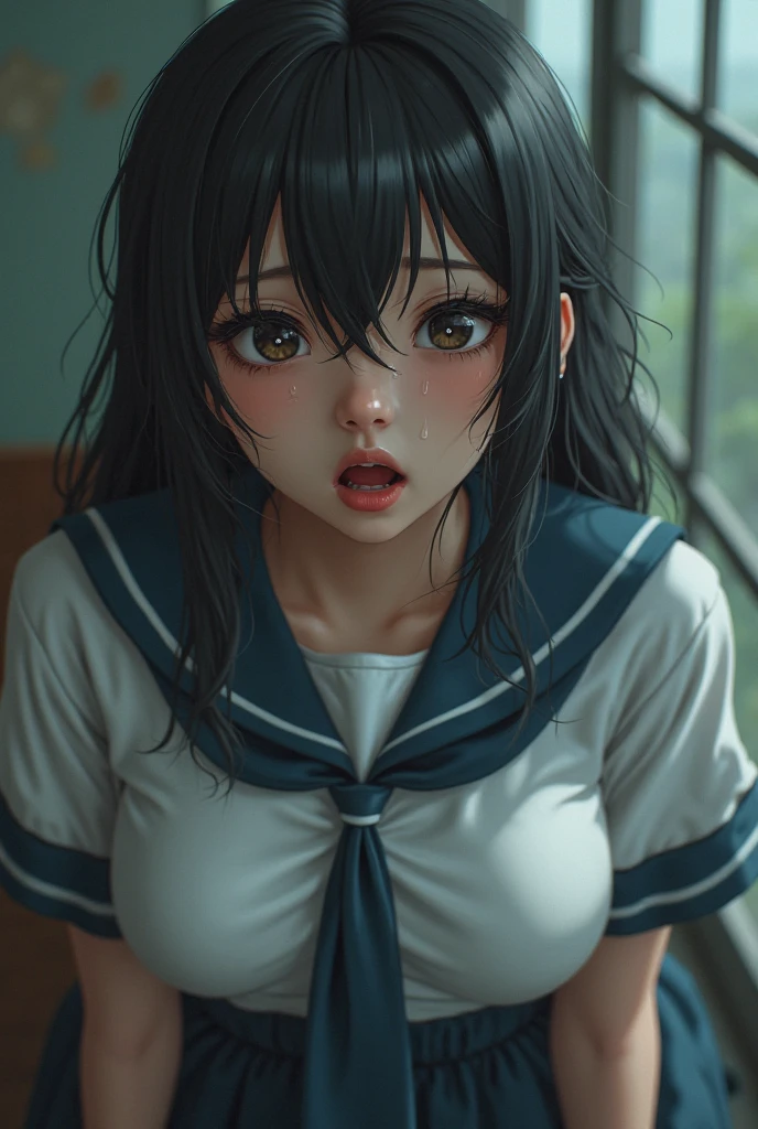 (Photorealistic:1.5), (masterpiece, Highly detailed 8K CG, Sharp lines), hi-school girl, A dark-haired, Beautiful anime schoolgirl, Smooth Anime CG Art, Beautiful anime schoolgirl, Beautiful anime girl, (12-year-old beautiful girl:1.2), Detailed skin, (gleaming skin:1.9), (beautiful short black hair.:1.4), Beautiful black hair, blue Eye, (many streaming sweat:1.2), (drunken eyes:1.6), (orgasm:1.0), (in heat:1.8), (flat chest:1.7), (gaunt:1.9), (student clothes, a sailor suit, Dark blue pleated skirt:1.4), (short sleeve:1.2), (head shot:1.3), wet, solo, one girl, (shoot from above:1.2), (leaning forward:1.6), Inside the classroom, (open mouth:1.3), (Tight fitting clothes:1.0), (blush:1.5), (Lots of clear drool overflows from her mouth and drips from her chin.:1.2), (half closed eyes:1.6),
