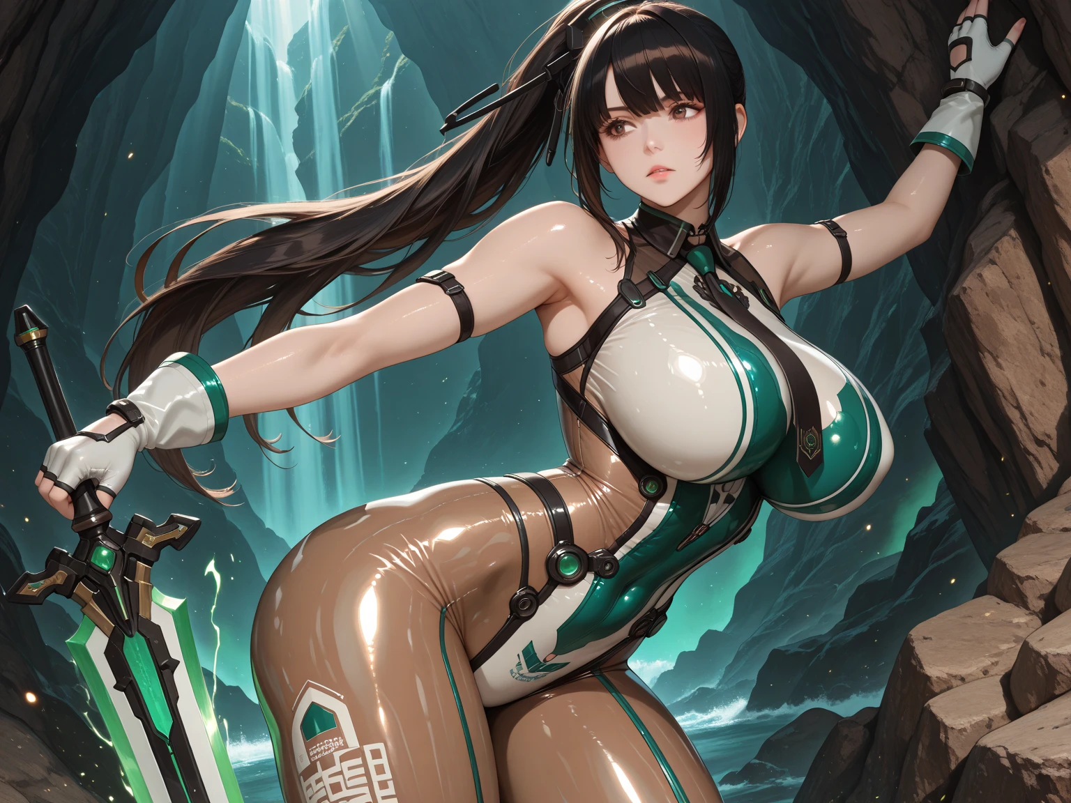 Annerose, 1girl, female mature, black hair, long hair, yellow eyes, large breasts, skin tight, hair intakes, (exquisite character details, beautiful lips, beautiful yellow eyes, beautiful face, beautiful and properly clothed), extremely detail unity 8k wallpaper, (solo:1.5), extremely detail waterfall surrounding, in the middle of lake and surrounded by waterfall, (bodysuit, fully suited, closed clothes),