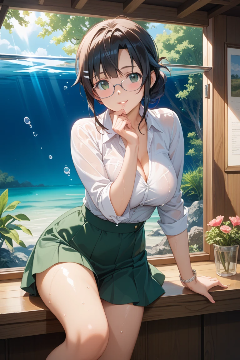 (The best quality,4k,High Resolutions),(realist:1.37),Saekobusujima,Shy and blushing,sexy,crossed arms,wet transparent uniform,Black lingerie,Short skirt,Long black stockings,wet,soggy,sitting in a boat,water,(Photo ),
(whole body,anime),(vivid colors),(Soft lighting)