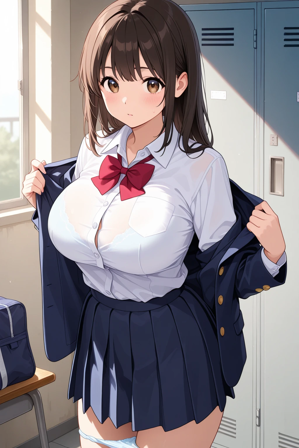 One Girl、Positive、From above、Full body portrait、Brown haired、Medium Haircut、blush、Absolute area、Knee socks、stockings、pantyhose、レースpantyhose、White underwear、Cleavage、Light blue cut shirt、Unbutton your shirt、Shirt buttons fly off、Navy blue checkered pleated skirt、Very short skirt、Inside the school、Daytime、（Very big boobs）、((Full Body Lesbian))、masterpiece、（highest quality）、
Panties around the ankles、loafers