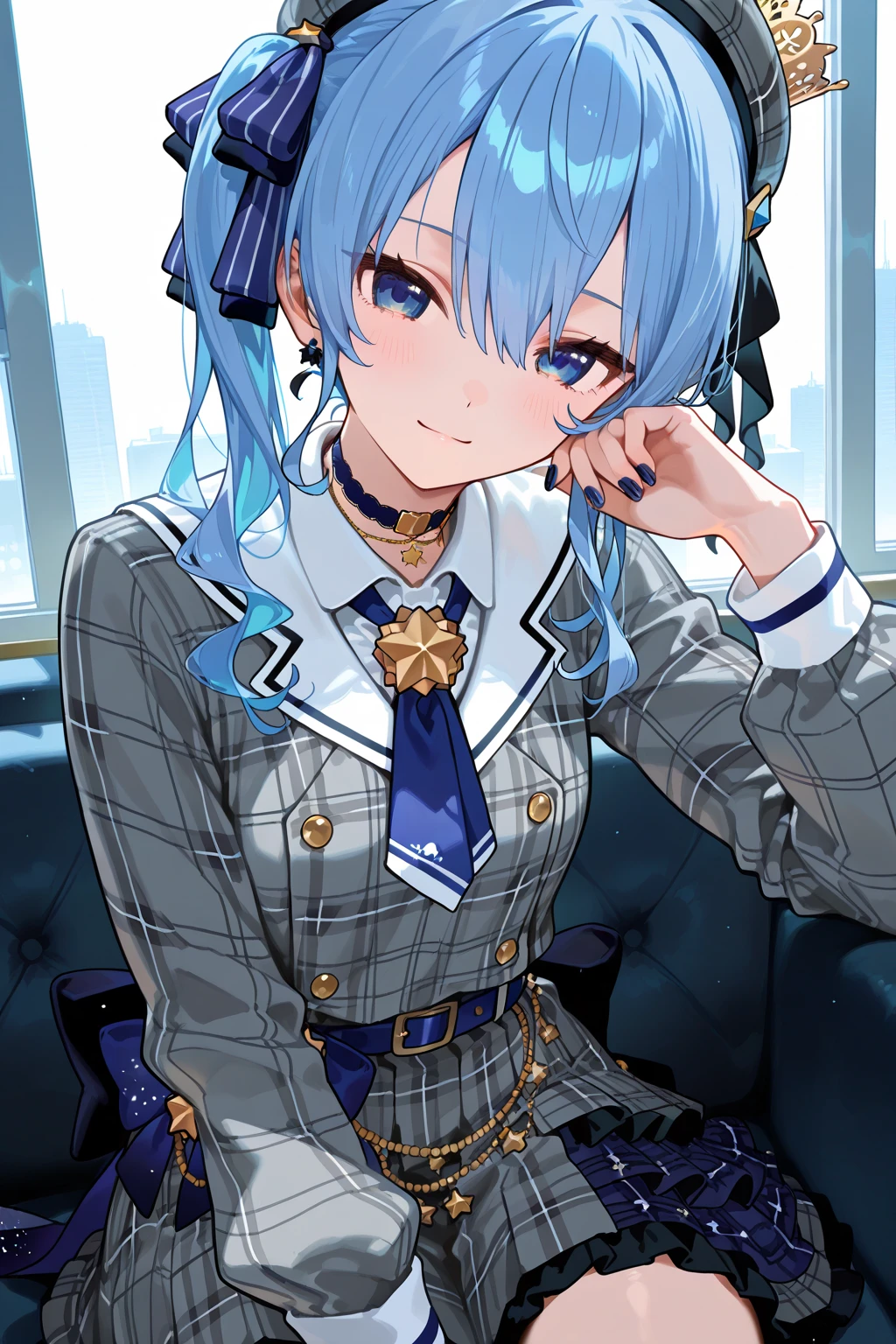 8k,best quality,masterpiece, highest quality, High resolution, SUI1, 1 girl, alone, side ponytail, hoshimachi suisei, small tit, slim, slender, fingerless gloves, single thigh high, jewelry, single socks, thigh strap, bracelet, blue socks, button, single knee high, plaid dress, blue choker, blue belt, plaid skirt, mini crown, gray skirt, blue ascot, long sleeve, Plaid jacket, cowboy shot, perfect finger, naked face down,（prostration） ,naked dogeza, nude,