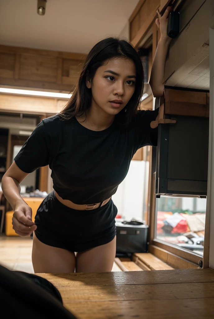 a Photorealistic wide shot of slim muscular Korean woman with long wavy black hair pulled back in a pony tail in her early 20's sitting at a campsite at nighttime listening to music and singing along, wearing traditional Korean sandals, Athletic shorts and a black athletic top, holding a black ukulele in her lap